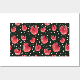 Red tulips on falling snow  pattern Posters and Art